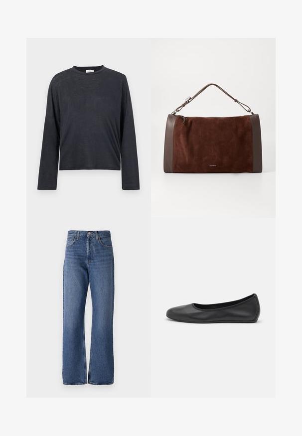 Mørkegrå, langærmet, cropped t-shirt lavet af et let, let tekstureret stof. Har en rund halsudskæring og løstsiddende pasform.; Blå denim jeans med høj talje, bred ben silhuet, klassisk fem-lomme design og subtilt falmende effekt i hele stoffet.; Sort læderballetsko med rund tå, glat tekstur, minimal syning og et fleksibelt såldesign.; Brun suedetaske med glatte brune læderdetaljer, der har et håndtag i toppen, lynlåslukning og et rent, minimalistisk design.