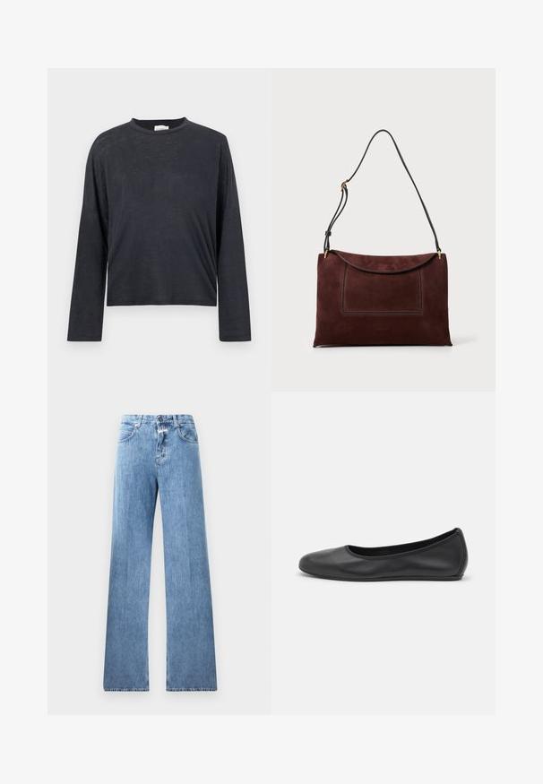 Donkergrijze, lange mouwen, cropped t-shirt gemaakt van een lichtgewicht, licht textuurstof. Beschikt over een ronde halslijn en een losse pasvorm.; Lichtblauwe denim jeans met een wijde pasvorm, vijf zakken, lussen voor een riem en een knoopsluiting. De stof heeft een gladde textuur.; Zwarte leren ballerina met een ronde neus, gladde textuur, minimale stikdetails en een flexibele zoolontwerp.; Bordeaux fluwelen handtas met een zwarte leren schouderband, met een zachte textuur en een voorkantzak met contrasterende stiksels.