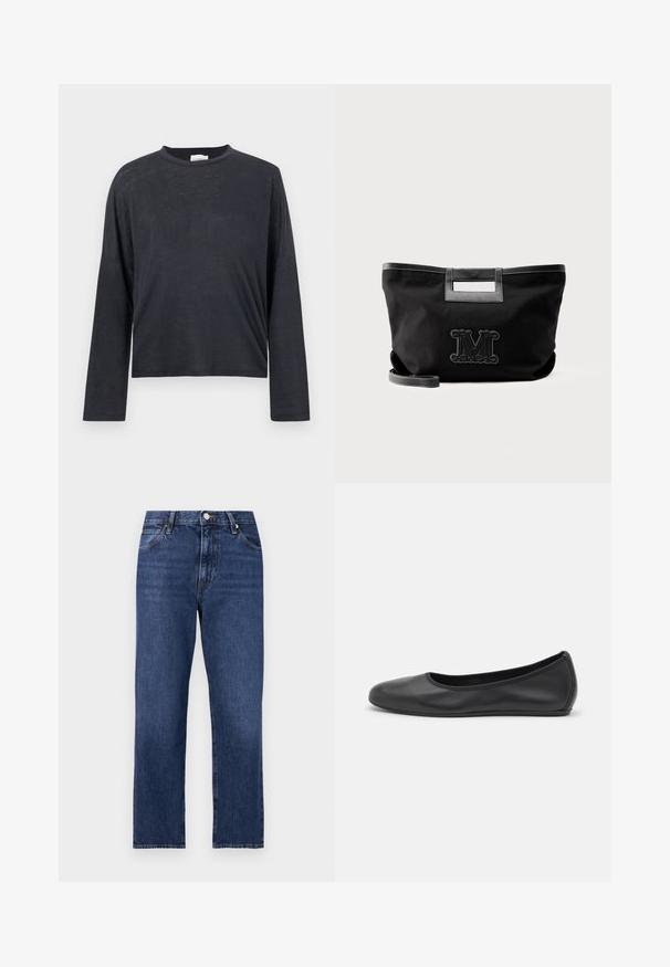 Mørkegrå, langærmet, cropped t-shirt lavet af et let, let tekstureret stof. Har en rund halsudskæring og løstsiddende pasform.; Denim jeans i en mørkeblå vask. Lige ben-design med fem-lomme stil, front lukning med knap og kontrasterende syning.; Sort læderballetsko med rund tå, glat tekstur, minimal syning og et fleksibelt såldesign.; Sort stofnet med udskåret håndtag, læderkant, aftagelig rem og prægede bogstav "M" på fronten i midten.