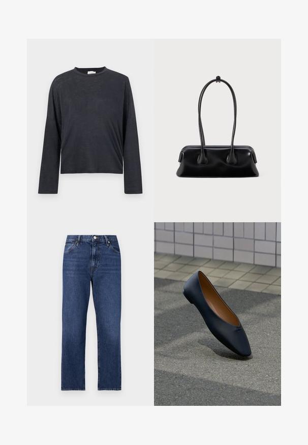 Dunkelgraues, langärmeliges, gekürztes T-Shirt aus einem leichten, leicht strukturierten Stoff. Hat einen runden Halsausschnitt und eine lockere Passform.; Jeans aus Denim in einem dunklen Blauton. Gerades Bein Design mit fünf Taschen, Frontknopfverschluss und kontrastierenden Stickereidetails.; Ein einzelner schwarzer Lederschuh mit flacher Sohle und spitzer Schuhspitze, der über einer Asphaltfläche nahe einem gepflasterten Gehweg schwebt.; Schwarze Lederhandtasche mit zwei langen Griffen, glatter Textur und einer abgerundeten Basis mit dekorativen Akzenten an den Seiten.