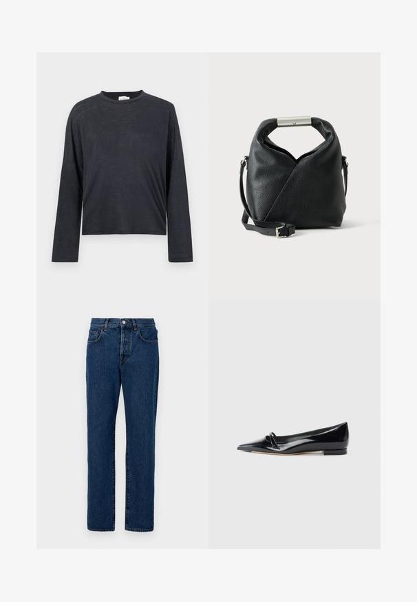 Dunkelgraues, langärmeliges, gekürztes T-Shirt aus einem leichten, leicht strukturierten Stoff. Hat einen runden Halsausschnitt und eine lockere Passform.; Jeans aus Denim in Dunkelblau, mit einem klassischen geraden Schnitt, fünf Taschen und sichtbaren Nähten. Der Stoff hat eine leichte Struktur.; Schwarze Lackleder-Ballerina mit spitzem Zehenbereich, kleinem dekorativen Riemen und niedrigem Blockabsatz. Glatte Textur und elegantes Design.; Schwarze strukturierte Lederhandtasche mit gerolltem Griff, der eine silberne Metallstange und einen verstellbaren Schulterriemen mit Schnalle aufweist.