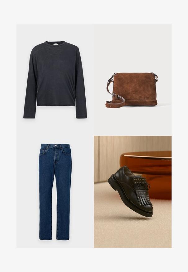 Mørkegrå, langærmet, cropped t-shirt lavet af et let, let tekstureret stof. Har en rund halsudskæring og løstsiddende pasform.; Mørkeblå denimjeans med klassisk lige benudskæring, fem lommer og synlig syning. Stoffet har en let struktur.; Sort læder snøresko med dekorativ frynse og metalnitter placeret på beige tæppe nær brunt møbel.; Brun ruskind crossbody taske med justerbar rem og sølv hardware, rektangulær form på ensartet lys baggrund.
