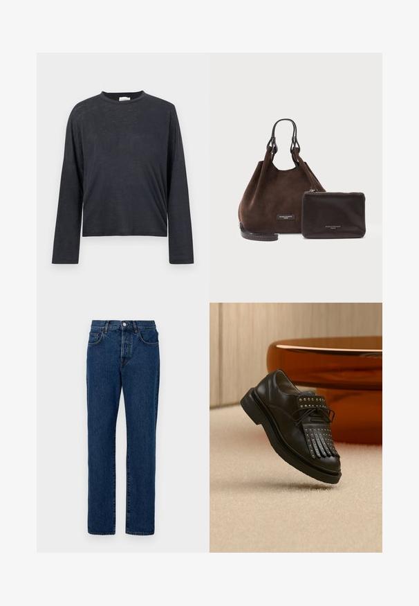 Donkergrijze, lange mouwen, cropped t-shirt gemaakt van een lichtgewicht, licht textuurstof. Beschikt over een ronde halslijn en een losse pasvorm.; Donkerblauwe denim jeans met een klassieke rechte pijp, vijf zakken en zichtbare stiksels. De stof heeft een lichte textuur.; Zwarte lederen veterlaars met decoratieve franjes en metalen studs geplaatst op een beige tapijt nabij bruin meubilair.; Bruine suède handtas met donkere leren handvatten en bijpassend klein donker leren ritssluiting tasje, beide met label Gianni Chiarini Firenze.