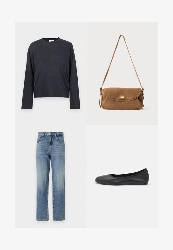 Donkergrijze, lange mouwen, cropped t-shirt gemaakt van een lichtgewicht, licht textuurstof. Beschikt over een ronde halslijn en een losse pasvorm.; Lichtblauwe denim jeans met een rechte pijpdesign, voorzien van vijf zakken, een knoop- en ritsluiting, en minimale vervaging op de stof.; Zwarte leren ballerina met een ronde neus, gladde textuur, minimale stikdetails en een flexibele zoolontwerp.; Bruine suède schoudertas met een lange riem en een gouden rechthoekige draaivergrendeling op de voorklep tegen een effen achtergrond.