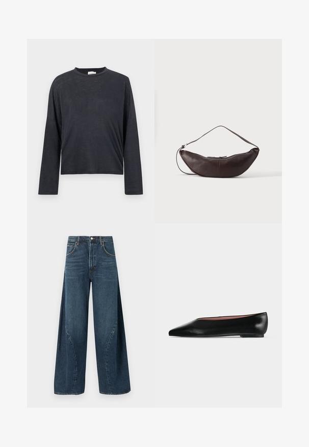 T-shirt cropped à manches longues de couleur gris foncé, fabriqué dans un tissu léger et légèrement texturé. Présente un col rond et une coupe ample.; Jean denim bleu foncé à jambes larges avec poches avant, passants pour ceinture et fermeture à bouton à la taille, présenté sur un fond uni.; Chaussure plate en cuir noir pour femme, avec bout pointu et petit talon, vue de côté sur un fond gris clair uni.; Sac d'épaule en cuir marron foncé en forme de croissant avec une lanière courbée et des coutures visibles sur fond uni.