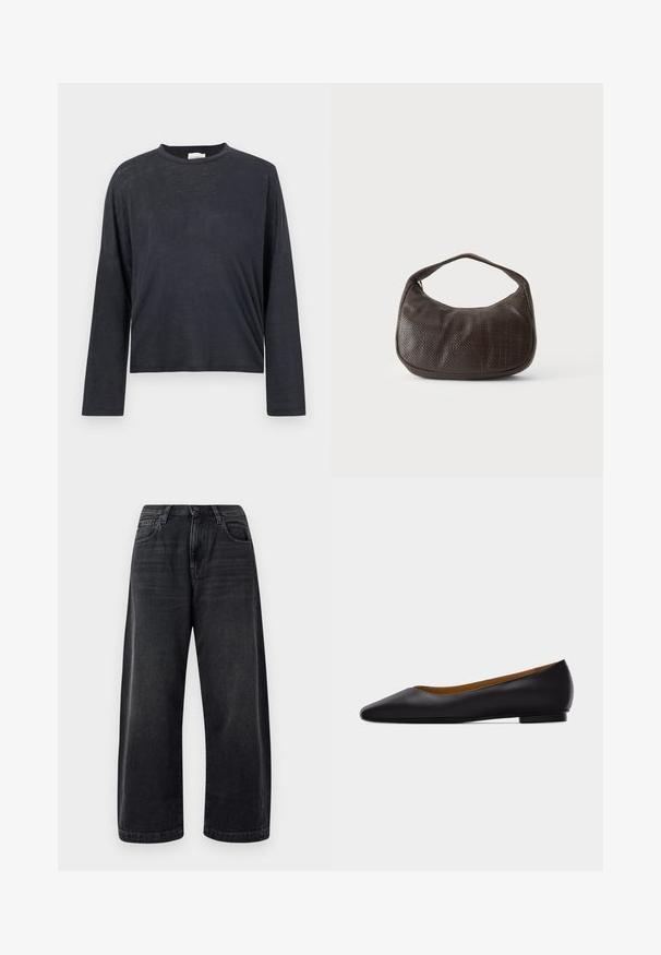 Mørkegrå, langærmet, cropped t-shirt lavet af et let, let tekstureret stof. Har en rund halsudskæring og løstsiddende pasform.; Bredde ben sorte jeans lavet af denim, med et klassisk fem-lomme design, subtil fading og en knaplukning i taljen.; Sort læder flad sko med spids tå, lav hæl og glat finish, vist fra siden på en lysegrå baggrund.; Lille mørkebrun tekstureret håndtaske med kort rem og afrundet bund på en ensfarvet lys baggrund.