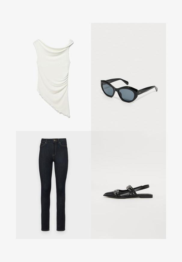 Off-white ærmeløs top med draperet halsudskæring, asymmetrisk kant og detaljer med rynkning i siden mod en hvid baggrund.; Mørkeblå skinny jeans lavet af denim, med et klassisk fem-lomme design, guld stikninger og en knaplukning i taljen.; Even&Odd Slingback-ballerinasko - black; Sorte katteøje-solbriller med mørkt tonede linser, blank overflade og diskrete gulddetaljer ved stængerne mod en ensfarvet lys baggrund.