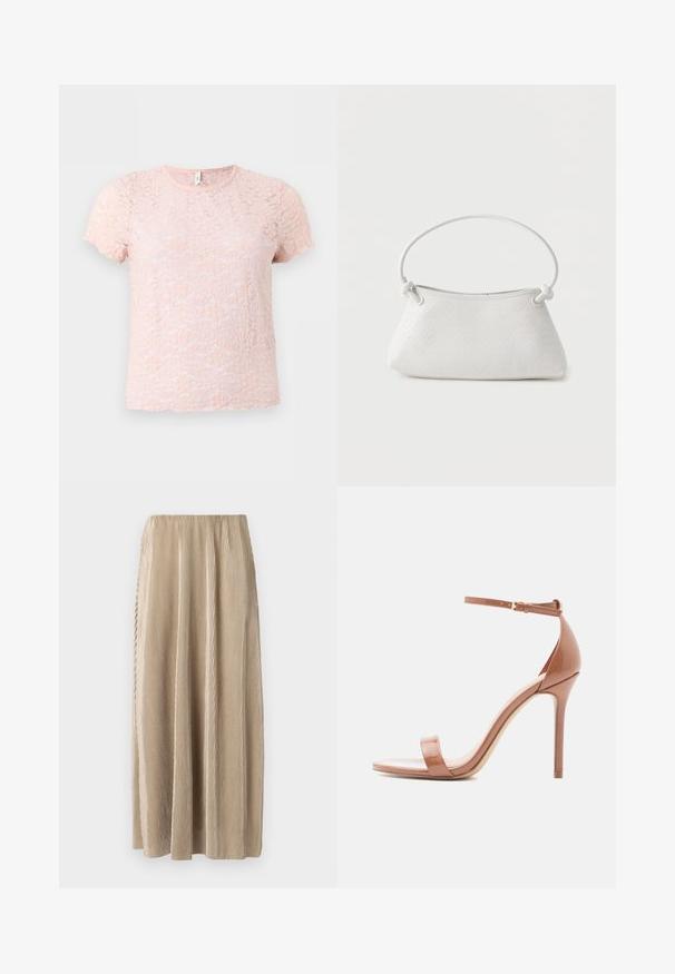 Blouse en dentelle rose clair à manches courtes avec motif floral et encolure ronde sur fond uni gris clair.; Jupe midi plissée beige avec une taille élastique, dotée de rayures verticales et d'une silhouette fluide pour un confort de mouvement.; Sandales à talons en cuir verni nude avec une fine bride à la cheville, design à bout ouvert et talon aiguille. Texture lisse et style minimaliste.; Sac à main en cuir tressé blanc avec poignée arrondie et extrémités de lanière nouées, présenté sur un fond uni.