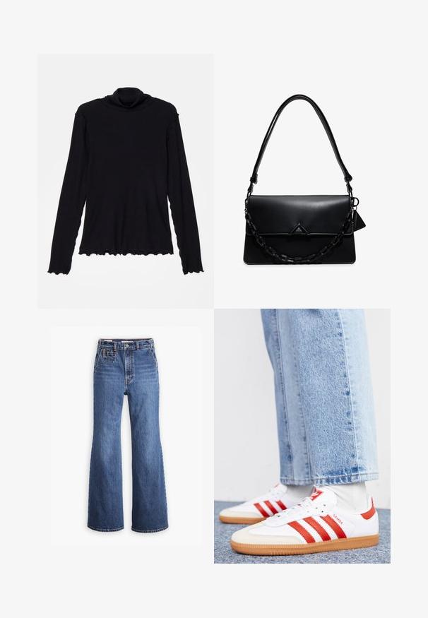 Rodebjer CISNE - Langærmet T-shirt - black; Højtaljede blå denimjeans med bred ben-design, som har en frontlomme, messingknaplukning og kontrastsyninger.; Hvide lædersneakers med røde striber og accenter. Har en tekstureret gummisål og polstret krave. Bæres med lyseblå denim.; Sort læder skuldertaske med en glat klap, trekantet lås, chunky sort kædedetalje og justerbar tynd rem mod en hvid baggrund.