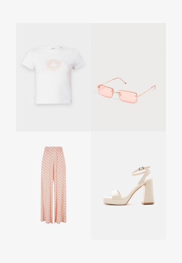 T-shirt en coton blanc à manches courtes, présentant un graphique de soleil rose avec des rayons et un visage au centre. Texture lisse, coupe décontractée.; Pantalon à jambes larges avec un motif à carreaux rose et blanc et une taille élastique, présenté sur un fond blanc uni.; Sandale à plateforme beige avec talon bloc épais, bout ouvert et bride de cheville avec boucle métallique sur fond blanc.; Lunettes de soleil rectangulaires sans monture teintées rose avec des branches fines en métal doré et des plaquettes nasales réglables sur un fond clair uni.