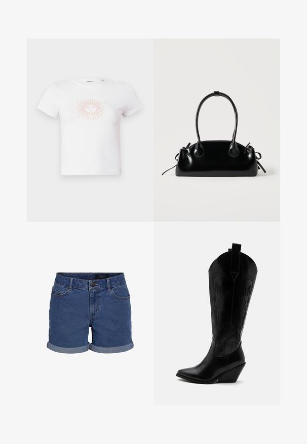 Camiseta de algodón blanca de manga corta, con un gráfico de sol rosa con rayos y diseño facial en el centro. Textura suave, ajuste casual.; Shorts de denim en azul oscuro con un corte clásico. Presenta dobladillos enrollados, dos bolsillos frontales y un cierre de botón. Textura suave.; Bota de vaquero de cuero negro con punta puntiaguda, tacón bloqueado inclinado, costuras decorativas y lengüetas en la parte superior sobre fondo blanco.; Pequeño bolso negro brillante con dos asas largas y detalles de cordón lateral sobre un fondo claro liso.