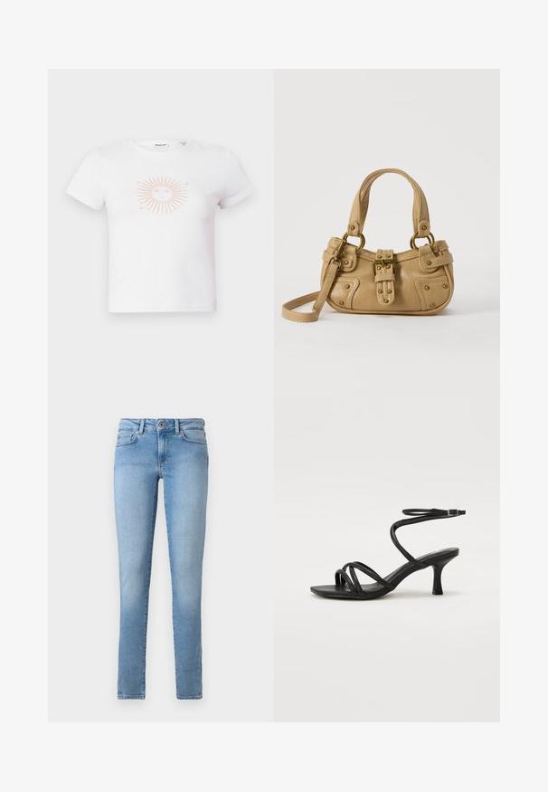 Witte katoenen t-shirt met korte mouwen, voorzien van een roze zonafbeelding met stralen en een gezicht ontwerp in het midden. Soepele textuur, casual pasvorm.; Lichtblauwe denim jeans met een rechte pijpdesign, vijf zakken en een sluiting met een knoop aan de voorkant. Gladde textuur met een vervaagde afwerking.; Even&Odd Wide Fit Sandalen - black; Beige leren handtas met dubbele handvatten, messing gesps en klinknagel details, en een verstelbare schouderriem tegen een witte achtergrond.