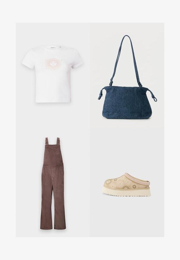 Witte katoenen t-shirt met korte mouwen, voorzien van een roze zonafbeelding met stralen en een gezicht ontwerp in het midden. Soepele textuur, casual pasvorm.; Bruine corduroy tuinbroeken met verstelbare schouderbanden, wijde pijpen en verticale ribbelstructuur. Beschikt over zijzakken en een relaxte pasvorm.; Beige instapschoen met dikke witte zool, versierd met roze en groene geborduurde bloemenpatronen en zigzagstiksels rond de kraag.; Donkerblauwe spijkerstof schoudertas met knoopdetails aan de band en een eenvoudig rechthoekig ontwerp tegen een witte achtergrond.