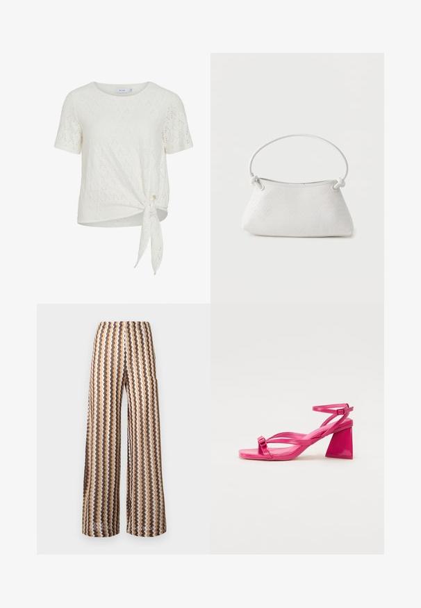 Witte blouse met korte mouwen en oogjes, ronde halslijn en knoopdetail aan de voorkant zijkant.; Wijde broek met hoge taille en verticale zigzagstrepen in tinten bruin, beige en crème, plat liggend op een witte achtergrond.; Roze lakleren sandalen met hakken, een vierkante punt, smalle banden en een geometrische blokhak. Met een gespdetail op de band.; Witte handtas van gevlochten leer met een afgeronde handgreep en uiteinden van de band die geknoopt zijn, afgebeeld tegen een effen achtergrond.