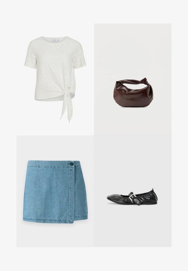 Hvid kortærmet bluse med hulmønster, rund halsudskæring og knudedetalje foran på siden.; Denim nederdel i lyseblå, med et omslag-design, en enkelt knaplukning og en syet kant. Glat tekstur uden mønstre.; Sorte læder flade sko med spids tå, samling detaljer omkring åbningen, og en sølv spænde accent på den justerbare rem.; Mørkebrun læder skuldertaske med en blød, afslappet form og et snoet knudehåndtag på en ensartet hvid baggrund.