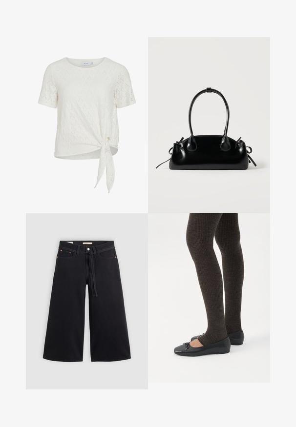 Witte blouse met korte mouwen en oogjes, ronde halslijn en knoopdetail aan de voorkant zijkant.; Zwarte wijdvallende denim broek heeft een trekkoord in de taille, riemlussen, koperen accenten en een nette afwerking. De stof is stevig en textuur geeft.; Benen met donkere geribbelde leggings gecombineerd met zwarte ballerina's met kleine strikdetails op een witte achtergrond.; Kleine zwarte glanzende handtas met twee lange hengsels en zijkant trekkoord details op een effen lichte achtergrond.