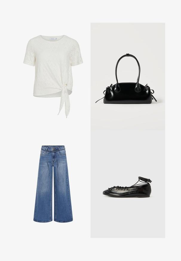 Witte blouse met korte mouwen en oogjes, ronde halslijn en knoopdetail aan de voorkant zijkant.; My Essential Wardrobe MWKARO 144 MID XWIDE - Wide leg - medium blue wash; Zwarte ballerina's van lakleer met een afgeronde neus, veterdesign en een platte zool. Glad oppervlak met minimale details.; Kleine zwarte glanzende handtas met twee lange hengsels en zijkant trekkoord details op een effen lichte achtergrond.