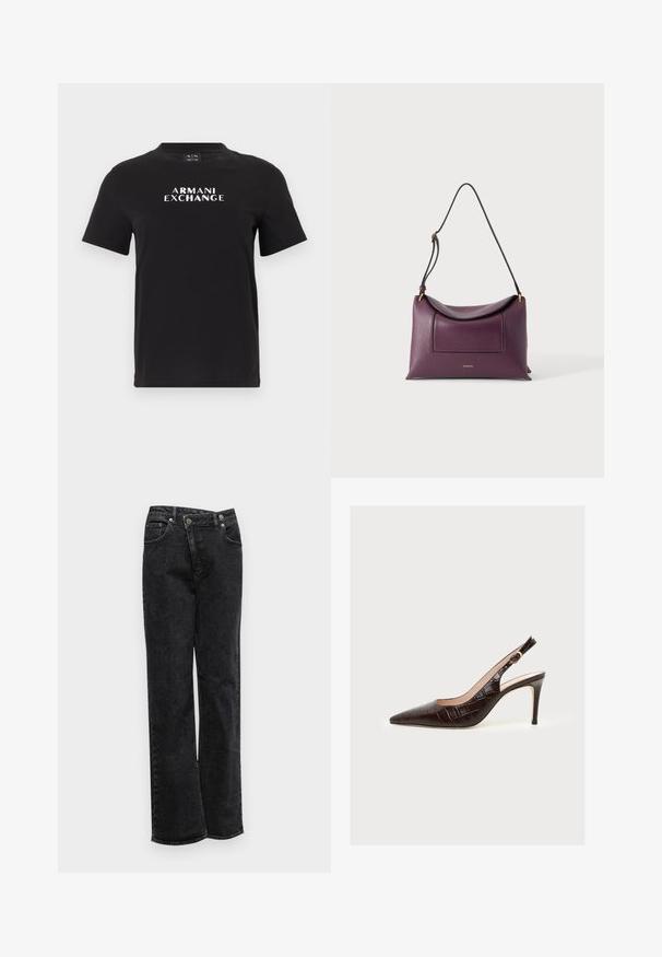 T-shirt noir à manches courtes avec "ARMANI EXCHANGE" imprimé en lettres majuscules blanches au centre de la poitrine.; Jean en denim noir avec une coupe droite, comportant une fermeture à bouton, cinq poches, une texture subtile et des ourlets non extensibles.; Chaussure à talon haut slingback en cuir marron foncé avec un bout pointu et une boucle dorée sur un fond clair uni.; Sac à bandoulière en cuir texturé violet avec rabat incurvé et bandoulière noire réglable sur un fond clair uni.