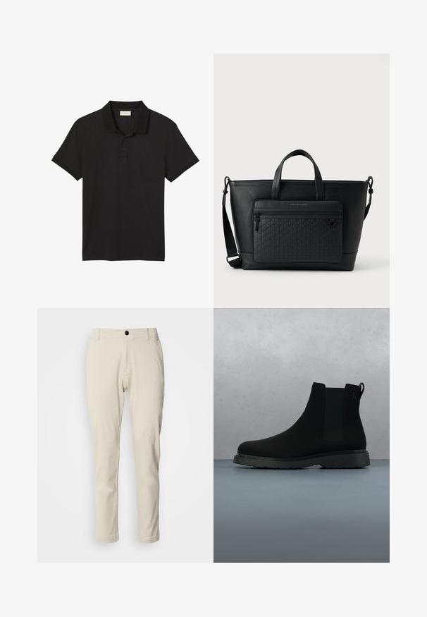 Polo negro de manga corta con dos botones y pequeño logo bordado de Calvin Klein en el pecho izquierdo.; Chinos beige con corte recto, hechos de suave tela de algodón, con cierre de cremallera y un único botón negro.; Botín negro de tobillo, hecho de material suave con costuras sutiles, suela de goma y un diseño elegante, posicionado sobre una superficie con textura de madera.; Bolso tote de cuero negro con dos asas superiores, correa de hombro ajustable y un bolsillo delantero texturizado con un sutil patrón tejido.