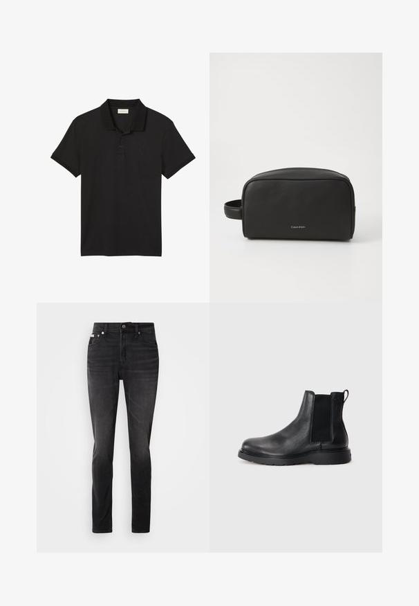 Zwart poloshirt met korte mouwen, twee knopen en klein geborduurd Calvin Klein-logo op de linkerborst.; Zwarte denim jeans met een slim fit, vijf zakken ontwerp en knoopsluiting. Kenmerkt zich door een subtiele vervaging en stikselaccenten op de zakken.; Zwarte leren Chelsea boots met een gestructureerde afwerking, elastische zijpanelen en een stevige rubberen zool. Subtiele branding op de hiel.; Zwarte leren toilettas met een gestructureerd oppervlak, afgeronde vorm en zijhandvat. Voorzien van het Calvin Klein-logo aan de voorkant.