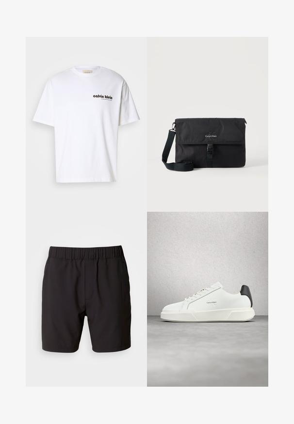 Weißes Baumwoll-T-Shirt mit kurzen Ärmeln, mit schwarzem "Calvin Klein"-Textlogo und einem quadratischen Etikett in der Nähe des Ausschnitts. Schlichtes Design.; Schwarze Shorts aus elastischem Stoff mit einem elastischen Bund, Seitentaschen und einem schlichten, klaren Design. Keine Muster oder Verzierungen.; Weiße Sneaker mit glattem Lederobermaterial, flachen Schnürsenkeln und erhöhter weißer Sohle. Verfügen über einen schwarzen Akzent an der Ferse und ein geprägtes Logo.; Schwarze Calvin Klein Umhängetasche mit verstellbarem Schultergurt und vorne mit einer Schnalle gesicherter Klappe, vor neutralem Hintergrund präsentiert.