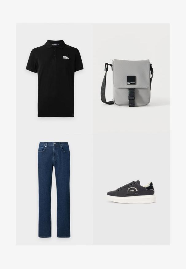 Polo negro de manga corta con tres botones y logo blanco "KARL LAGERFELD" en el lado izquierdo del pecho.; Jeans de denim azul oscuro con corte recto, que cuentan con un cierre frontal de botón, presillas para cinturón y un diseño de bolsillo estándar.; Zapatillas de ante gris oscuro con suelas de goma blanca, que presentan costuras decorativas y un logo en el lateral. Detalles lisos en negro en el talón.; Bolso bandolera gris con correa negra ajustable, solapa frontal sujeta con hebilla negra, con parche cuadrado con logo de Karl Lagerfeld Jeans.