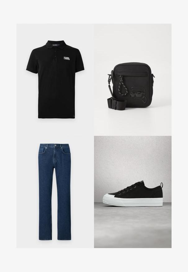 Polo negro de manga corta con tres botones y logo blanco "KARL LAGERFELD" en el lado izquierdo del pecho.; Jeans de denim azul oscuro con corte recto, que cuentan con un cierre frontal de botón, presillas para cinturón y un diseño de bolsillo estándar.; Zapatillas de lona negras con suela de goma blanca, con cierre de cordones, ojales y una lengüeta en el talón. Textura sutil y detalle de logo.; Bolso bandolera negro hecho de material texturizado, con un bolsillo frontal y un diseño grabado de una cara con gafas de sol. Incluye correa ajustable.