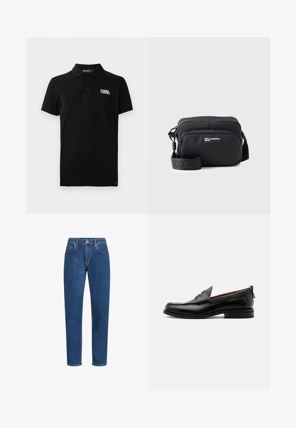 Polo negro de manga corta con tres botones y logo blanco "KARL LAGERFELD" en el lado izquierdo del pecho.; Vaqueros de mezclilla azul con un corte recto, diseño de cinco bolsillos, costuras sutiles y un cierre de botón en la cintura.; Mocasín de hombre de piel negra con costura moc toe, tira penny, cuello texturizado y tacón bajo apilado sobre fondo blanco.; Bolso bandolera rectangular negro con dos compartimentos con cremallera, logo "KARL LAGERFELD JEANS" y correa ajustable de marca sobre fondo blanco.