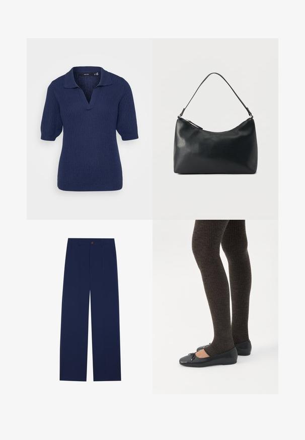 Polo de manga corta tricotado en azul marino con cuello en V y textura acanalada. Presenta un cuello clásico y mangas ligeramente abullonadas.; Pantalones de pierna ancha en azul marino, fabricados en una tela suave, con bolsillos frontales, cierre de botón y un diseño ajustado con pliegues.; Piernas con leggings oscuros acanalados combinados con bailarinas negras que presentan pequeños detalles de lazo sobre un fondo blanco.; Bolso de hombro de cuero negro texturizado con cremallera curva en la parte superior y una sola correa ajustable sobre un fondo liso.