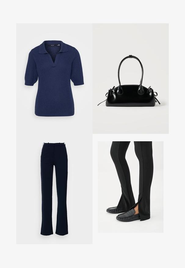 Polo de manga corta tricotado en azul marino con cuello en V y textura acanalada. Presenta un cuello clásico y mangas ligeramente abullonadas.; Pantalones azul marino con un diseño de pierna recta, hechos de una tela suave, con lazos para cinturón y cierre de cremallera en la parte delantera.; Piernas con pantalones negros acampanados con aberturas laterales, combinados con mocasines de cuero negro sobre un fondo blanco.; Pequeño bolso negro brillante con dos asas largas y detalles de cordón lateral sobre un fondo claro liso.