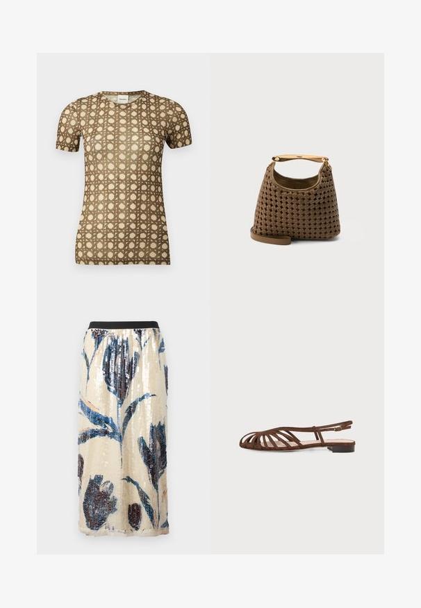 T-shirt beige à manches courtes avec un motif en treillis géométrique marron et un col rond.; Jupe midi beige avec taille élastique noire, grand motif floral bleu et sombre pailleté.; Sandale plate marron avec plusieurs fines lanières et une petite boucle à la cheville sur un fond clair.; Sac à main en cuir tressé marron avec une poignée supérieure dorée courbée et une bandoulière amovible sur fond uni.