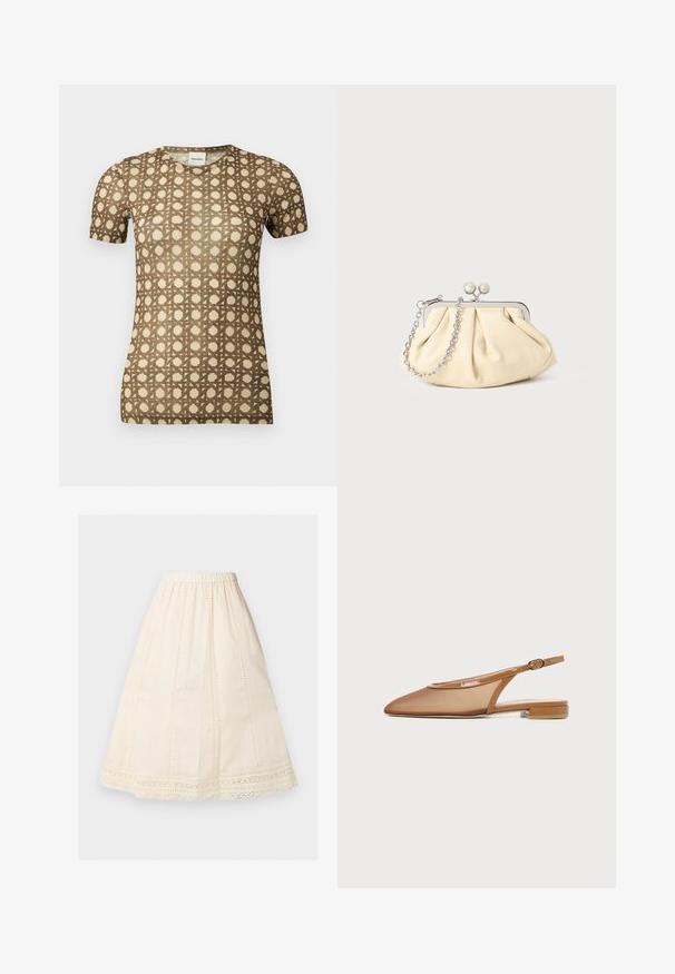 Short-sleeve beige T-shirt with a brown geometric lattice pattern and a round neckline.; Cream-colored midi skirt with A-line shape, elastic waistband, vertical eyelet stitch panels, and lace trim along the hem.; Brown slingback flat shoe with pointed toe, thin strap with buckle, and low block heel on white background.; Pleated beige leather clutch with a silver metal frame, featuring two round decorative clasps and a silver chain strap.