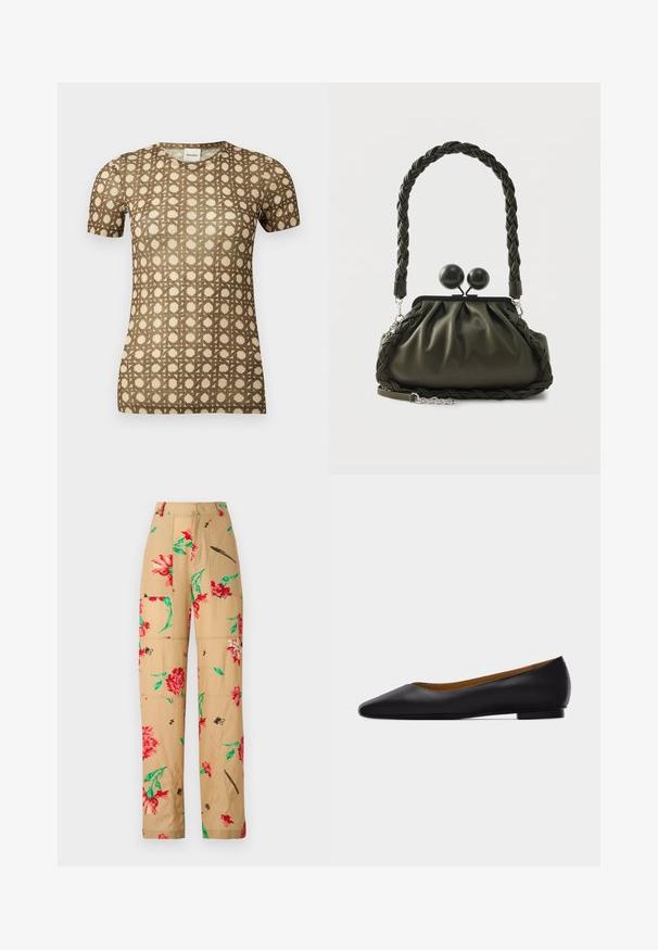 Kortærmet beige T-shirt med brunt geometrisk gittermønster og rund halsudskæring.; Blomstermønstret bukser med en beige baggrund, prydet med røde og grønne blomster samt sorte detaljer. Løs pasform med sidelommer.; Sort læder flad sko med spids tå, lav hæl og glat finish, vist fra siden på en lysegrå baggrund.; Olivengrøn læderhåndtaske med flettet håndtag og sølvhardware, med en samlet design og runde låsedetaljer på toppen.