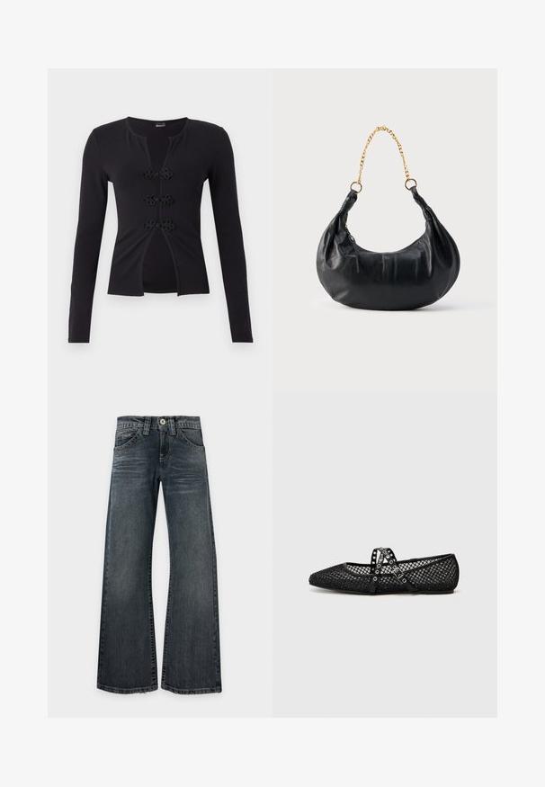 Sort cardigan med lange ærmer, rund halsudskæring og tre dekorative frølukninger foran.; Mørkvaskede jeans med brede ben, let falmede lår, klassisk fem-lomme design og synlige stikninger, lagt fladt på en hvid baggrund.; Sorte mesh ballet flats med spidse tæer, prydet med krydskorte stropper, der har sølvnitter og et tekstureret design.; Sort læderhåndtaske i halvmåneform med gyldent kæderem og lynlås på siden.