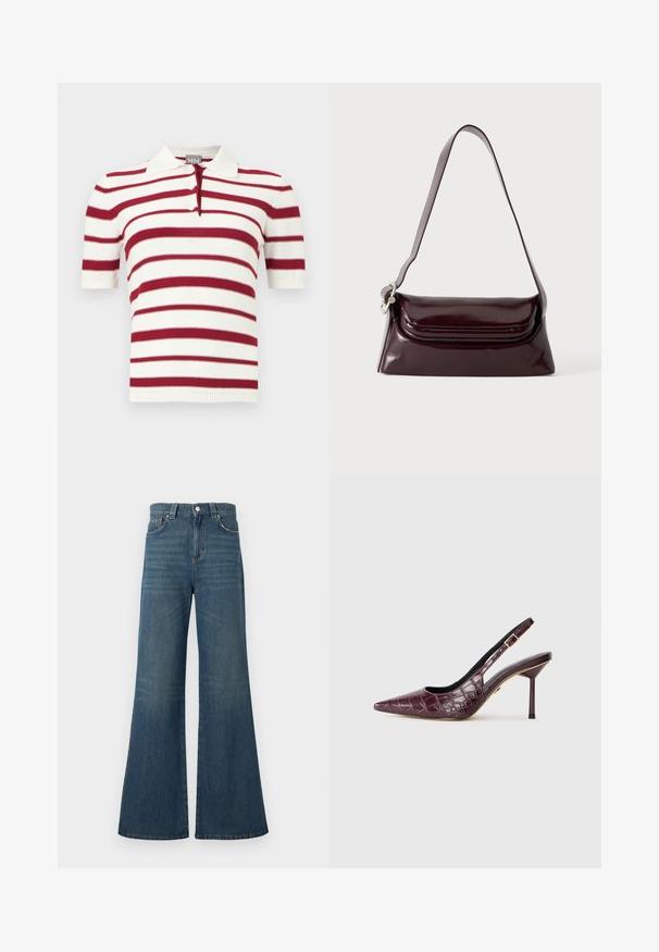 Gebreid poloshirt met korte mouwen, voorzien van witte en donkerrode horizontale strepen en een kraag met een twee-knops sluiting.; Blauwe denim jeans met wijde pijpen en een hoge taille. Voorzien van vijf zakken, een knoop- en ritssluiting, en subtiele vervaging in de stof.; Bordeaux kleurige slingback hakken met een spitse neus, krokodillenstructuur, dunne hak en zijgesp/delict. Gladde binnenvoering.; Donker bordeauxkleurige leren schoudertas met klep en een smalle verstelbare riem, weergegeven op een effen lichte achtergrond.
