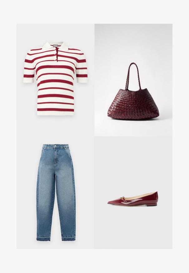 Kurzärmeliges Strick-Poloshirt mit weißen und dunkelroten horizontalen Streifen und einem Kragen mit zwei Knöpfen.; Helle blaue Denim-Jeans mit hoher Taille, lockerer Passform, Fünf-Taschen-Design und ausgefransten Säumen. Sie verfügen über klassische Nähte und einen Reißverschluss.; Burgunderfarbene Lacklederballerinas mit spitzem Zehenbereich, ausgestattet mit einem kleinen Ausschnitt und einem niedrigen Absatz. Glatte Textur und elegantes Design.; DRAGON DIFFUSION SANTA CROCE BIG - Handtasche - bordo