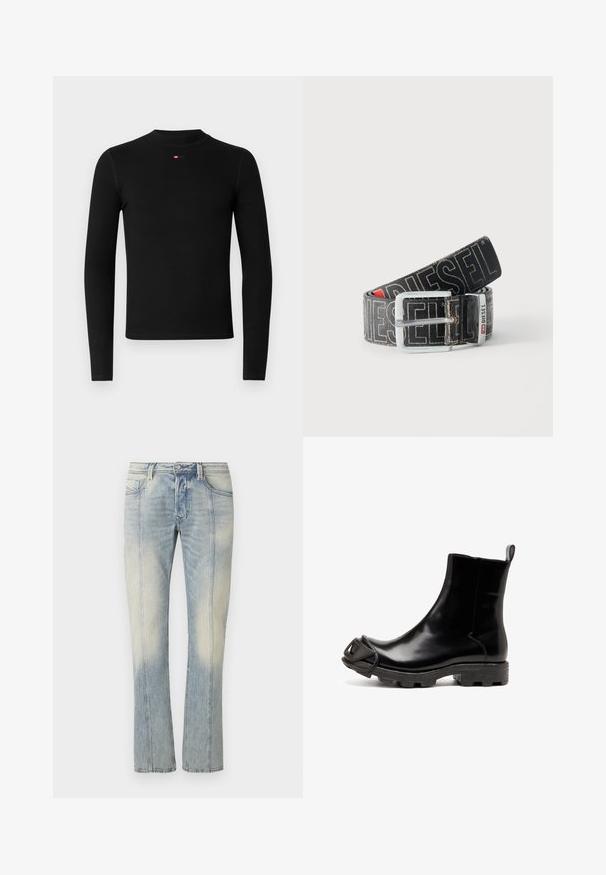 Schwarzes Langarmshirt mit rundem Ausschnitt, gerippter Textur und kleinem rotem Logo auf der Brust. Einfaches und figurbetontes Design.; Hellblaue Jeans aus Denim mit geradem Bein, doppelt abgesteppten Nähten, Fronttaschen und einem verwaschenen Finish. Kein sichtbares Markenzeichen.; Schwarze Gummi-Stiefelette mit glänzender Oberfläche, rundem Zehenbereich und einem markanten, skulpturalen Akzent auf der Zehe. Strukturierte schwarze Sohle.; Schwarzer Diesel-Gürtel mit großem weißen Logotext, rechteckiger silberner Schnalle und gebrandetem Metallschlaufen-Detail, aufgewickelt auf hellem Hintergrund.