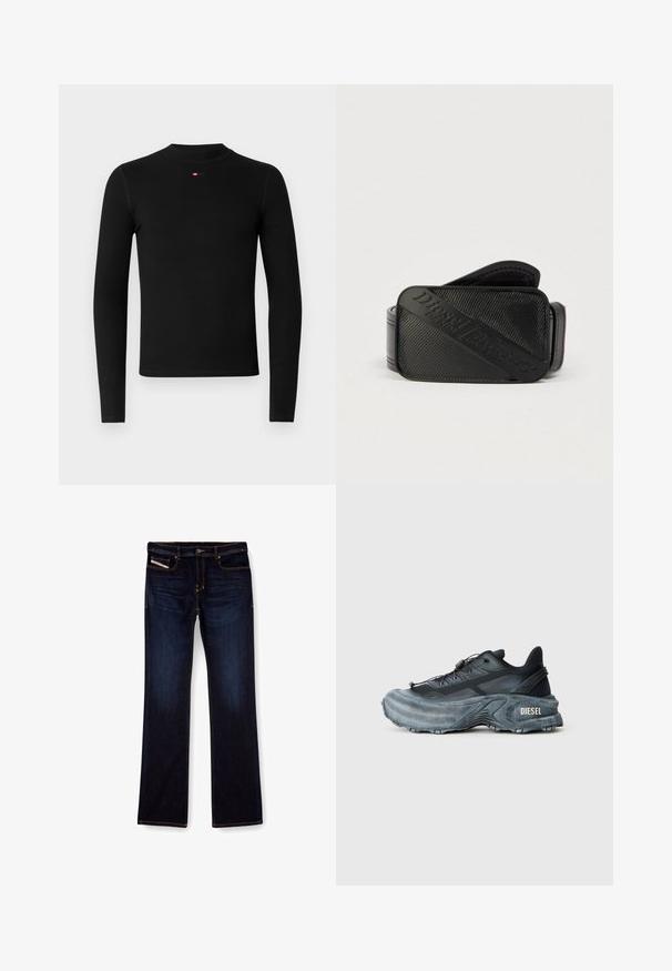 Schwarzes Langarmshirt mit rundem Ausschnitt, gerippter Textur und kleinem rotem Logo auf der Brust. Einfaches und figurbetontes Design.; Dunkelblaue Jeans aus Denim mit geradem Bein, ausgestattet mit orangefarbenen Nähten, einem Reißverschluss und Vordertaschen. Glatte Textur und Standardbund.; Schwarz- und graue Diesel-Sneaker mit dicker Sohle, Schnürverschluss und strukturiertem Design auf einem schlichten hellgrauen Hintergrund.; Schwarzer Gürtel mit strukturiertem Design und einem markanten, eingeprägten Logo. Das Material wirkt glatt mit einem lederähnlichen Finish.