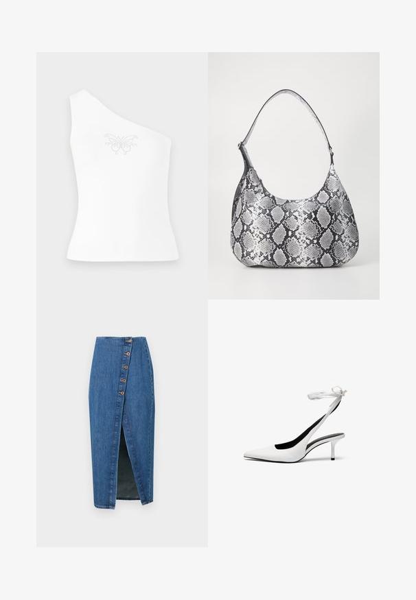 One-shoulder hvid top lavet af glat stof, med et sommerfuglemønster pyntet med små rhinsten foran.; Denim blyantskørt i mellemblå med en slidse foran, der har seks brune knapdetaljer langs sidesømmen. Glat tekstur og tætsiddende design.; Hvide spidse slingback hæle med en tynd ankelrem. Glat lædermateriale, tynd stilethæl og en sort inderside.; Sort-hvid slangemønster skuldertaske med en rund form, glat tekstur og en buet rem. Har et sølvfarvet hardware-accents.