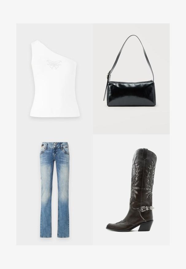 Eén-schouder witte top van gladde stof, met een vlinderontwerp dat aan de voorkant is versierd met kleine strass-steentjes.; Lichtblauwe denim jeans met een rechte pijp, voorzien van een vijfknopen sluiting, voorzakken en subtiele vervagingdetails.; Zwarte leren cowboylaars met decoratieve uitsnijdingen, zilveren gesp en schuine hak, weergegeven op een witte achtergrond.; Zwarte rechthoekige schoudertas met een enkele verstelbare band en een bovenste ritssluiting op een effen achtergrond.