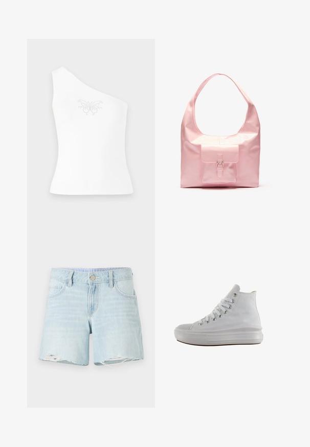 Eén-schouder witte top van gladde stof, met een vlinderontwerp dat aan de voorkant is versierd met kleine strass-steentjes.; Lichtblauwe denim shorts met een licht verstoorde zoom, vijf-pocket ontwerp en een knoopsluiting. Subtiele vervaagde textuur over de gehele shorts.; Witte hoge canvas sneaker met witte veters, metalen oogjes, dikke rubberen zool en gestructureerde neuskap, naar links gericht op een witte achtergrond.; Roze handtas met een glanzende afwerking, grote schouderband, voorvak met een decoratieve gesp. Soepele textuur, minimalistisch ontwerp.