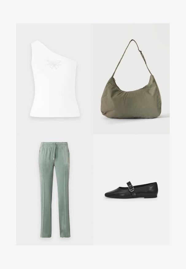 Eén-schouder witte top van gladde stof, met een vlinderontwerp dat aan de voorkant is versierd met kleine strass-steentjes.; Velours joggingbroeken in gedempt groen, met een elastische tailleband met trekkoord, zijzakken en contrasterende verticale stiksels.; Zwarte leren platte schoen met een ronde neus, een enkele verstelbare gespsluiting en een gladde, glanzende textuur. Minimalistisch ontwerp met een lage hak.; Schoudertas van zacht olijfgroen stof met ritssluiting en verstelbare band op een effen lichte achtergrond.