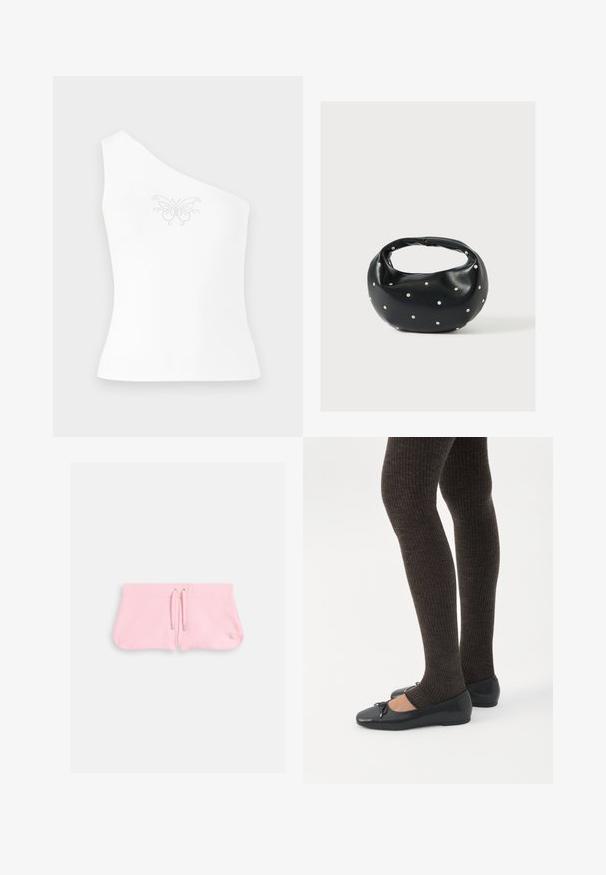 Haut blanc à une épaule en tissu lisse, présentant un design de papillon rehaussé de petits strass sur le devant.; Shorts roses en tissu doux, dotés d'un cordon de serrage avec des embouts en argent et d'un petit logo brodé dans le coin en bas à droite.; Jambes portant des leggings côtelés foncés associés à des ballerines noires avec de petits détails en nœud sur fond blanc.; Sac à main en cuir noir de forme arrondie, décoré de clous argentés et équipé d'une poignée courte. Texture lisse et fermeture éclair.
