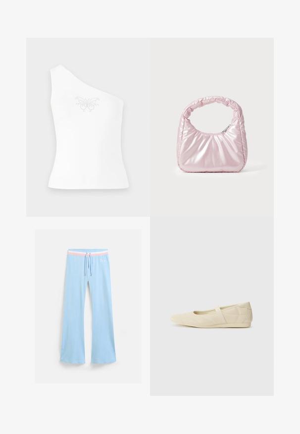 Eén-schouder witte top van gladde stof, met een vlinderontwerp dat aan de voorkant is versierd met kleine strass-steentjes.; Lichtblauwe uitlopende sweatpants met een trekkoord in de taille. Voorzien van een roze en witte gestreepteaccent en geborduurd logo. Zachte stoftextuur.; Beige ballerina's met een gladde leren buitenkant, amandelvormige punt en elastische band over de wreef, met subtiele stiksels.; Roze, gevoerde handtas met een afgeronde vorm, gemaakt van glanzend materiaal. Beschikt over een geplooide handgreep en een ritssluiting voor veilige toegang.