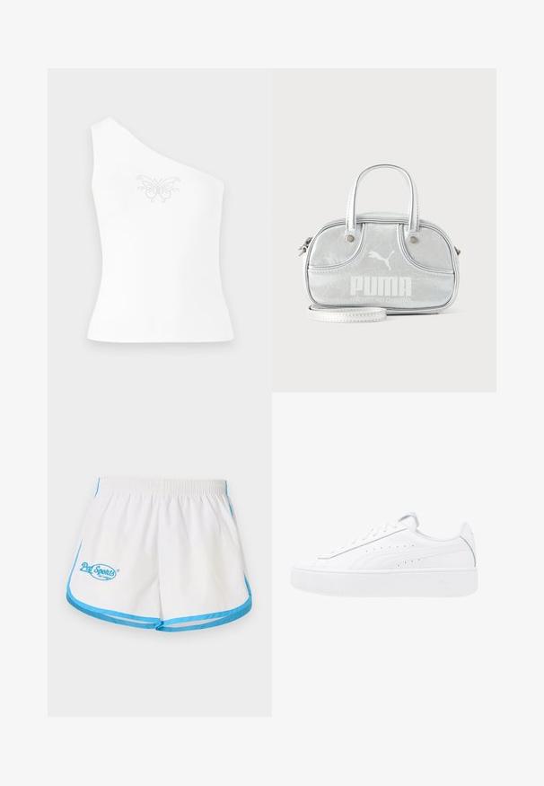 Haut blanc à une épaule en tissu lisse, présentant un design de papillon rehaussé de petits strass sur le devant.; Pal Sporting Goods LEAGUE WOMENS - Short - marshmallow/blue; Baskets plateformes blanches avec tige en cuir, bout rond et fermeture à lacets. Présente des perforations sur les côtés et un logo discret au niveau du talon.; Petit sac à main Puma argent métallisé avec deux poignées supérieures, une longue bandoulière, logo sur le devant et fermeture zippée sur fond uni clair.