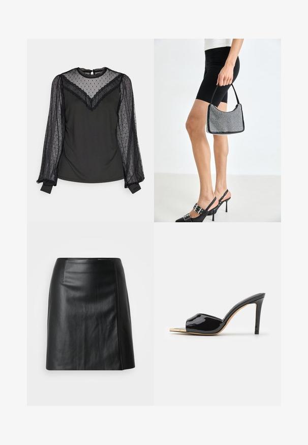 VILA VILUCY LACE TOP - Top s dlhým rukávom - black; Čierna kožená sukňa, A-línie, hladká textúra, s bočným rozparkom. Predstavuje jemné prešitie pozdĺž švov pre dodatočný detail.; Čierne vysoké lesklé čižmy s otvorenou špičkou, zakriveným dizajnom a štíhlým podpätkom. Hladká textúra s odrazovým povrchom.; Čierna korálková kabelka s zakriveným siluetom, nosnou rukoväťou a lesklou textúrou. Nosená s vysokými čiernymi topánkami na opätku a priliehavými čiernymi šortkami.