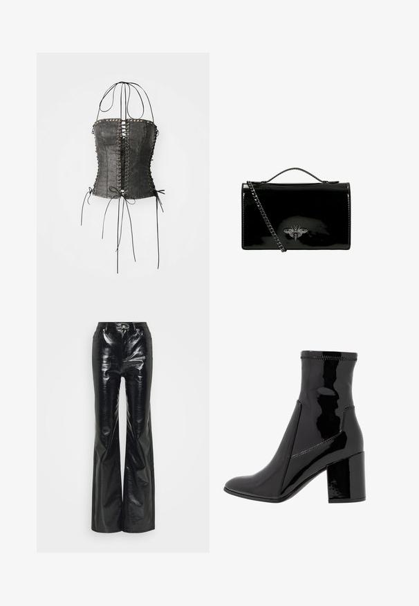 Jaded London LONGLINE LACE UP HALTER CORSET - Débardeur - black; Pantalons évasés en simili cuir noir avec une finition brillante, dotés d'une taille haute, de poches avant et de détails en métal argenté.; Bottine noire en vernis avec une texture lisse, bout pointu et un talon bloc structuré. Caractérisée par un design sans fermeture éclair et des coutures contrastées.; Sac à main en cuir verni noir avec une bandoulière en chaîne, arborant un emblème décoratif en métal en forme d'abeille sur le devant. Forme rectangulaire avec finition brillante.