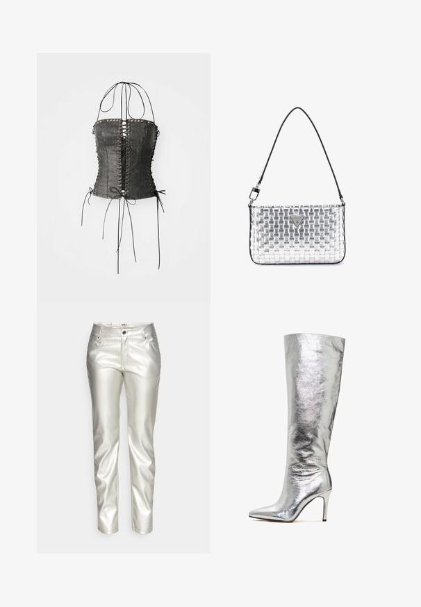 Jaded London LONGLINE LACE UP HALTER CORSET - Top - black; ONLY ONLJACI LILO - Bukser - silver; Sølvfarvede støvler i metallisk materiale, der går op til knæet, med spids snude og stiletthæl, kendetegnet ved en glat, blank overflade og et slankt, tætsiddende design.; Sølvvævet håndtaske med en sort skulderrem, prydet med et trekantet metallogo og en glat, skinnende overflade.