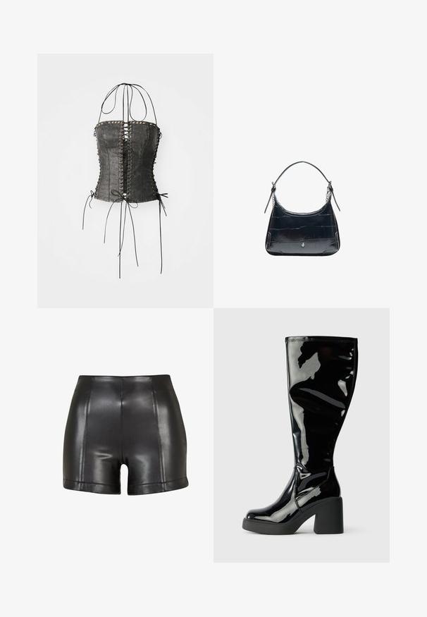 Jaded London LONGLINE LACE UP HALTER CORSET - Débardeur - black; Shorts taille haute noirs en cuir synthétique avec des coutures visibles verticales et horizontales sur fond blanc.; Bottes en cuir verni noir, arrivant jusqu'aux genoux, avec une surface lisse et brillante, des orteils carrés et des talons épais noirs. Coutures décoratives sur le côté.; Sac à bandoulière en cuir noir avec texture crocodile et fermoir argenté, avec une sangle réglable ornée de détails en chaîne sur fond blanc.