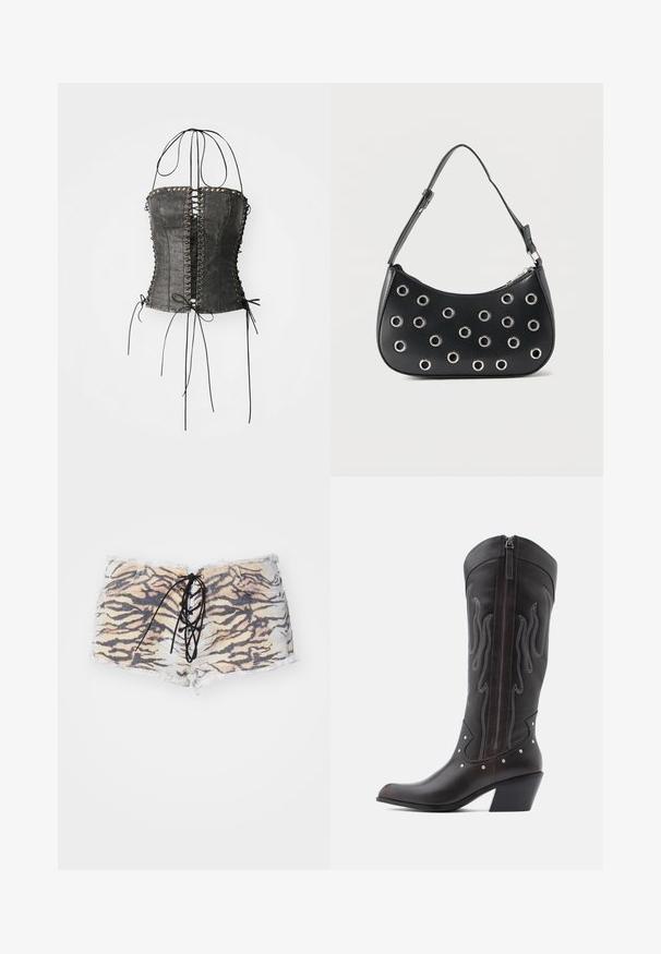 Jaded London LONGLINE LACE UP HALTER CORSET - Top - black; Tigerprint-Shorts aus Denim mit fransigem Saum, featuring eine schwarze Schnürfront und tonales Nähen. Die Farbpalette umfasst Beige und Schwarz.; Braune Cowboy-Stiefel aus Leder mit Flammenstickerei, seitlichem Reißverschluss, silbernen Nieten, spitzer Zehenpartie und geschichtetem Absatz.; Schwarze Lederschultertasche mit verstellbarem Riemen, ausgestattet mit silbernen Metallösenverzierungen und einem Reißverschluss an der Oberseite.